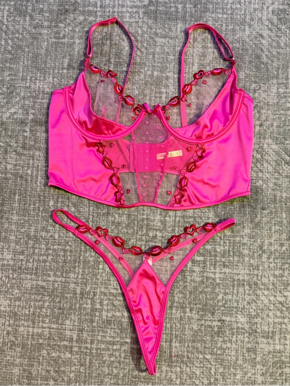 Roma Confidential Hot Pink Satin Lace Corset Top & Thong Set